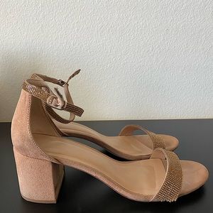 Tan block heels With rhinestones